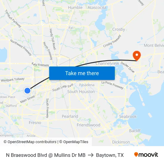 N Braeswood Blvd @ Mullins Dr MB to Baytown, TX map