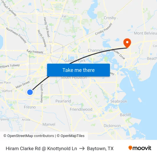 Hiram Clarke Rd @ Knottynold Ln to Baytown, TX map