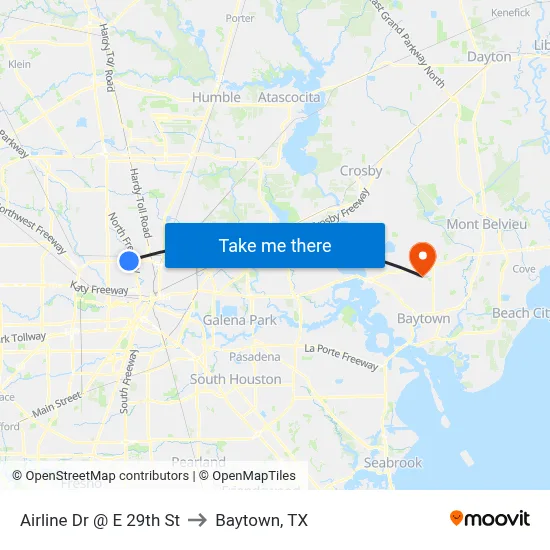 Airline Dr @ E 29th St to Baytown, TX map