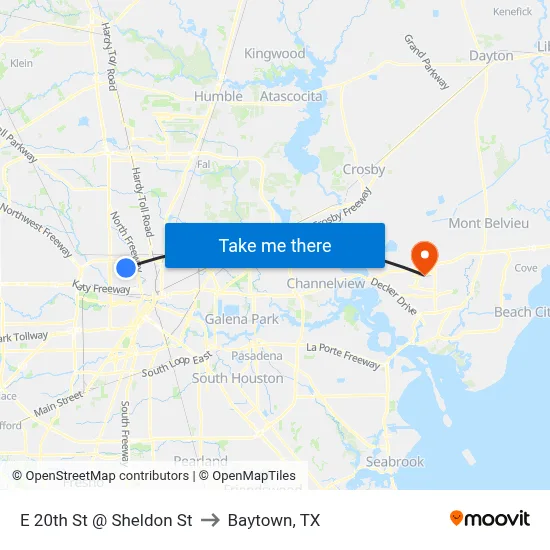 E 20th St @ Sheldon St to Baytown, TX map