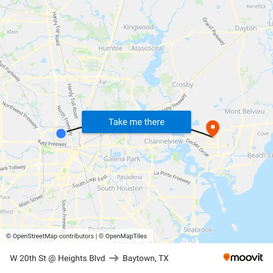 W 20th St @ Heights Blvd to Baytown, TX map