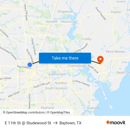 E 11th St @ Studewood St to Baytown, TX map