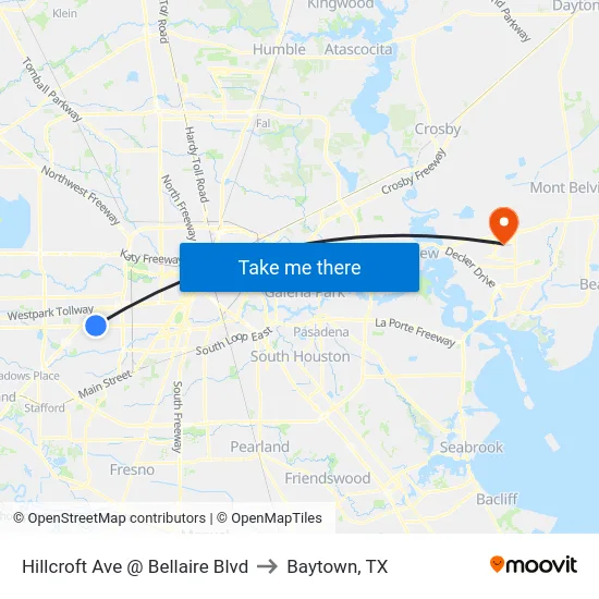 Hillcroft Ave @ Bellaire Blvd to Baytown, TX map