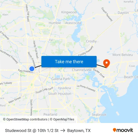 Studewood St @ 10th 1/2 St to Baytown, TX map