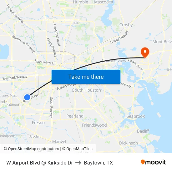 W Airport Blvd @ Kirkside Dr to Baytown, TX map