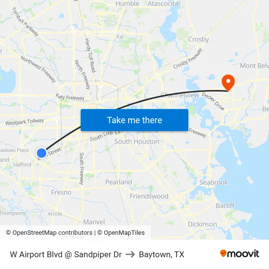 W Airport Blvd @ Sandpiper Dr to Baytown, TX map
