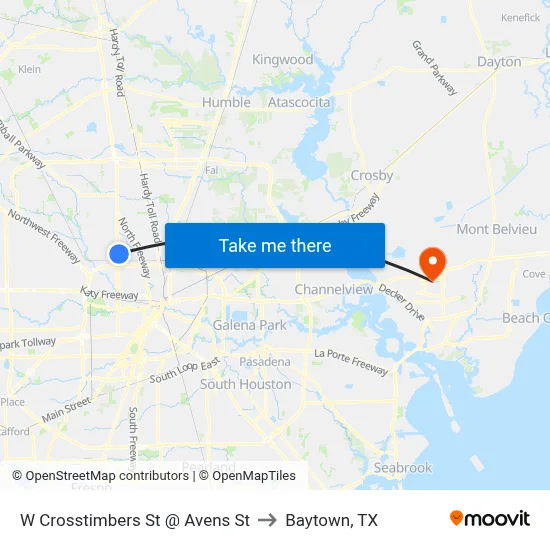 W Crosstimbers St @ Avens St to Baytown, TX map