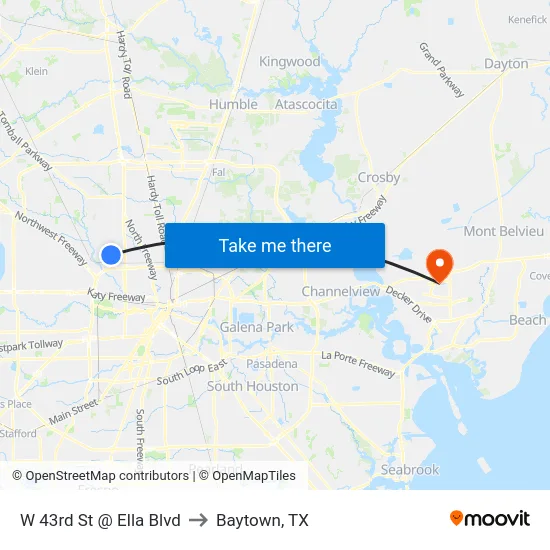 W 43rd St @ Ella Blvd to Baytown, TX map