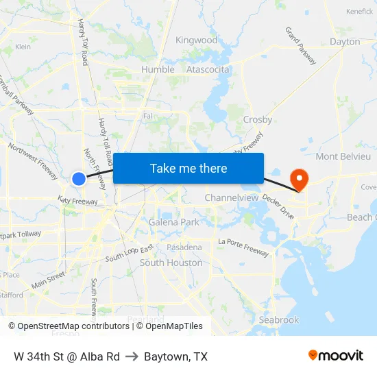 W 34th St @ Alba Rd to Baytown, TX map
