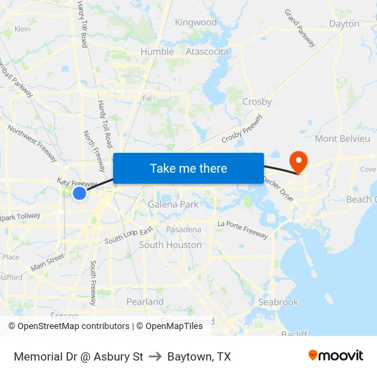 Memorial Dr @ Asbury St to Baytown, TX map
