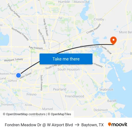 Fondren Meadow Dr @ W Airport Blvd to Baytown, TX map