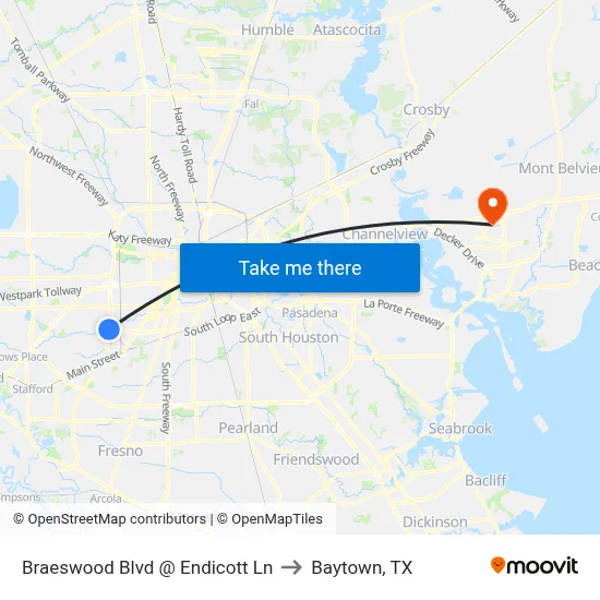 Braeswood Blvd @ Endicott Ln to Baytown, TX map