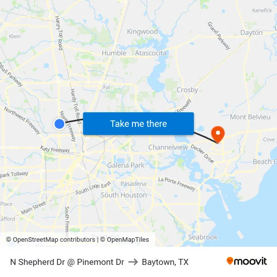 N Shepherd Dr @ Pinemont Dr to Baytown, TX map