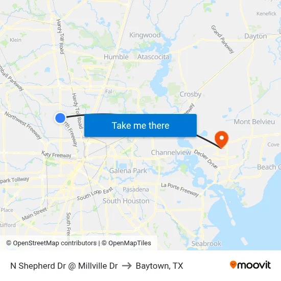 N Shepherd Dr @ Millville Dr to Baytown, TX map