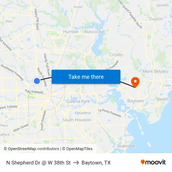 N Shepherd Dr @ W 38th St to Baytown, TX map