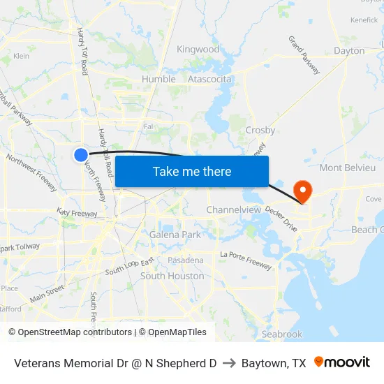 Veterans Memorial Dr @ N Shepherd D to Baytown, TX map
