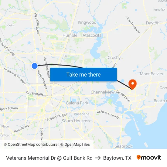 Veterans Memorial Dr @ Gulf Bank Rd to Baytown, TX map