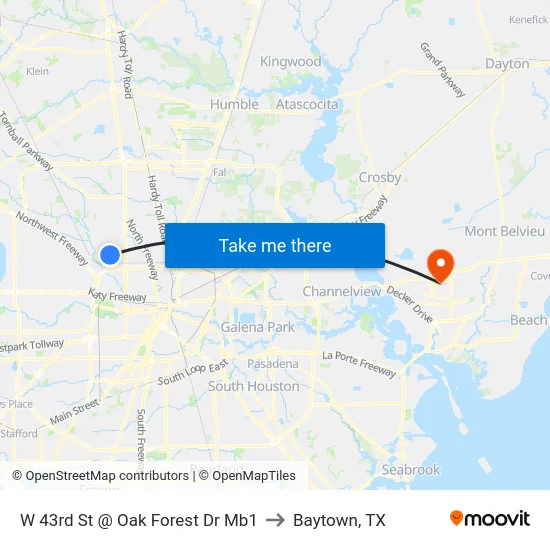 W 43rd St @ Oak Forest Dr Mb1 to Baytown, TX map
