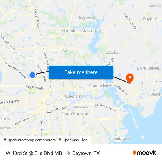 W 43rd St @ Ella Blvd MB to Baytown, TX map