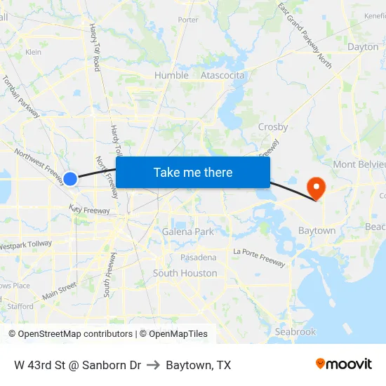 W 43rd St @ Sanborn Dr to Baytown, TX map