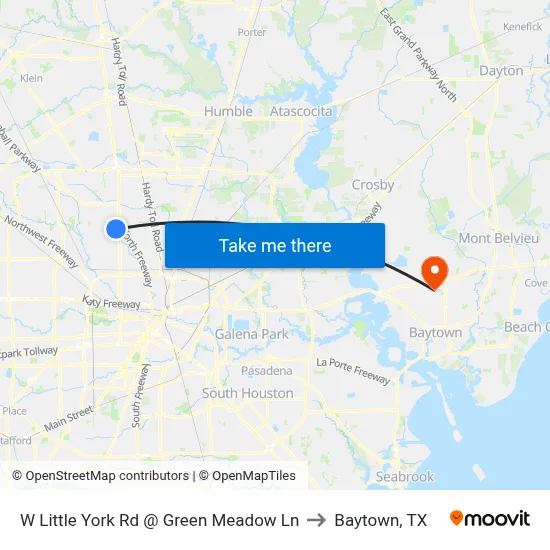 W Little York Rd @ Green Meadow Ln to Baytown, TX map