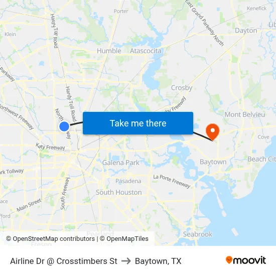 Airline Dr @ Crosstimbers St to Baytown, TX map