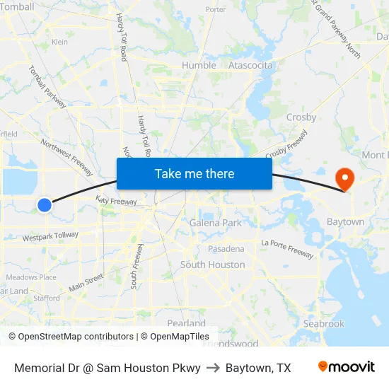 Memorial Dr @ Sam Houston Pkwy to Baytown, TX map