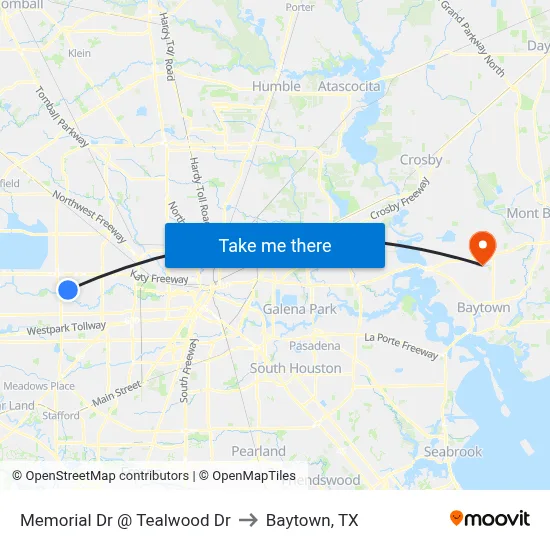 Memorial Dr @ Tealwood Dr to Baytown, TX map