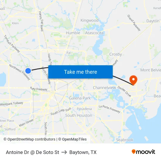 Antoine Dr @ De Soto St to Baytown, TX map