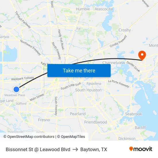 Bissonnet St @ Leawood Blvd to Baytown, TX map