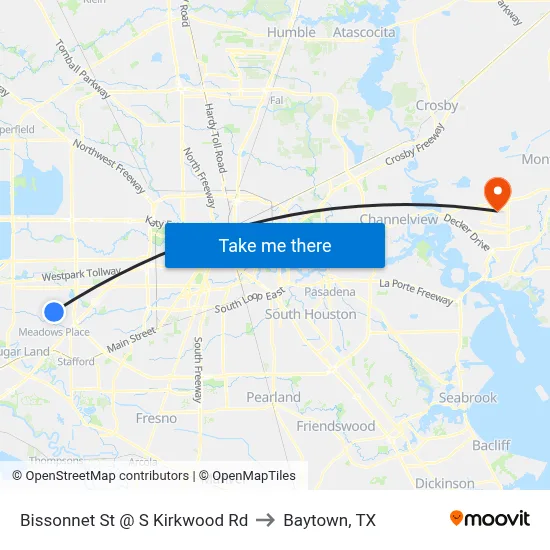 Bissonnet St @ S Kirkwood Rd to Baytown, TX map