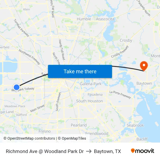 Richmond Ave @ Woodland Park Dr to Baytown, TX map