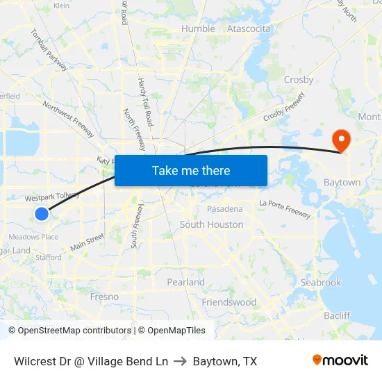 Wilcrest Dr @ Village Bend Ln to Baytown, TX map