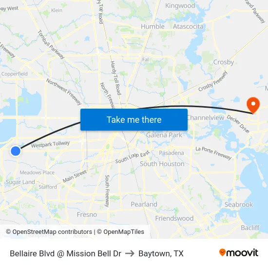 Bellaire Blvd @ Mission Bell Dr to Baytown, TX map