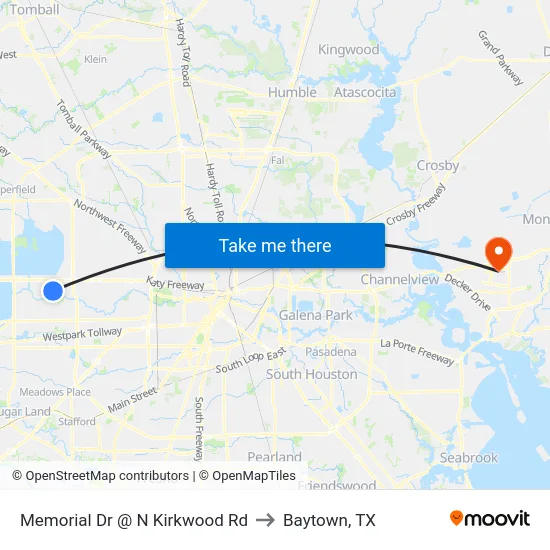 Memorial Dr @ N Kirkwood Rd to Baytown, TX map