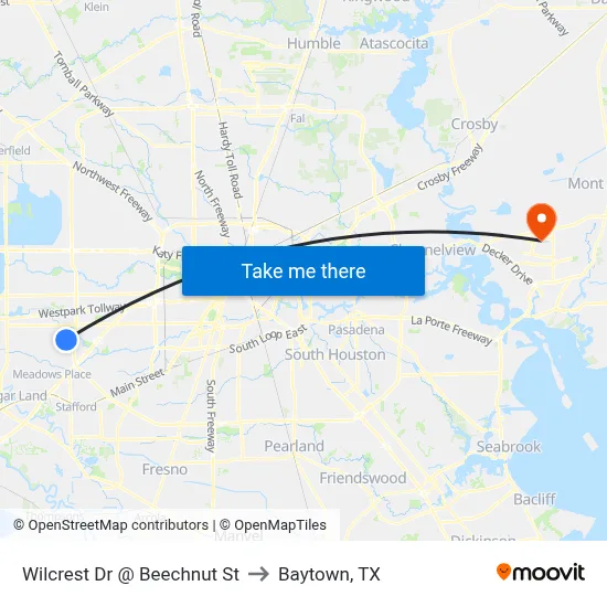 Wilcrest Dr @ Beechnut St to Baytown, TX map