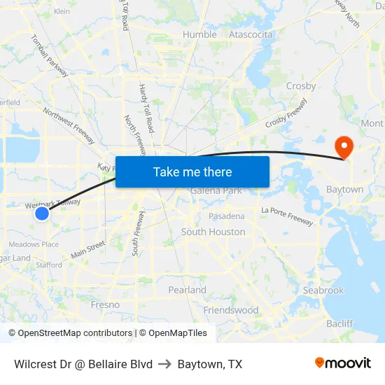 Wilcrest Dr @ Bellaire Blvd to Baytown, TX map