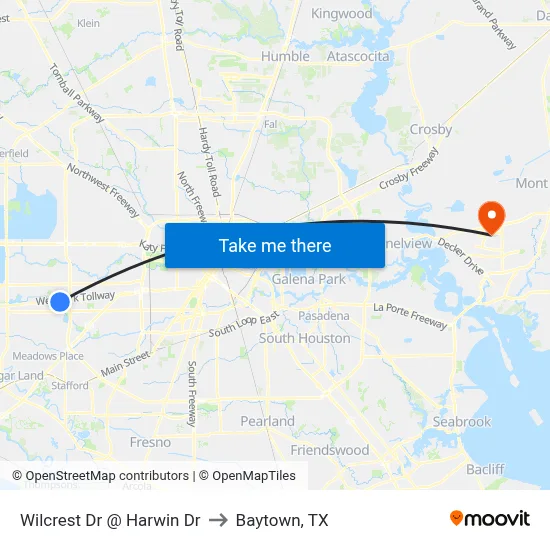 Wilcrest Dr @ Harwin Dr to Baytown, TX map