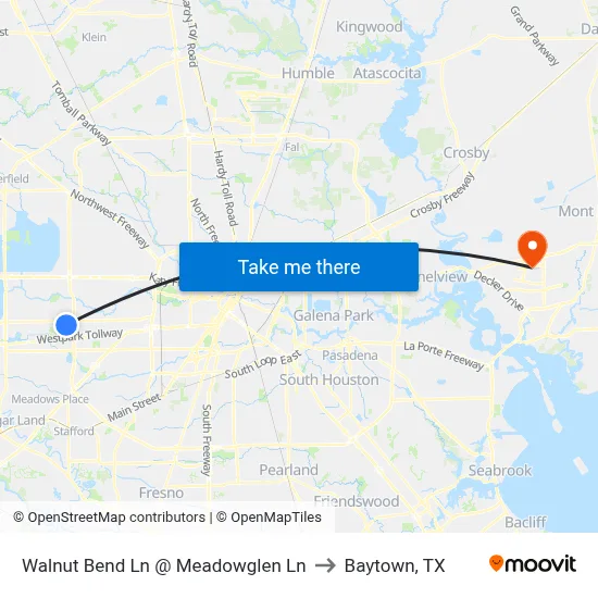 Walnut Bend Ln @ Meadowglen Ln to Baytown, TX map