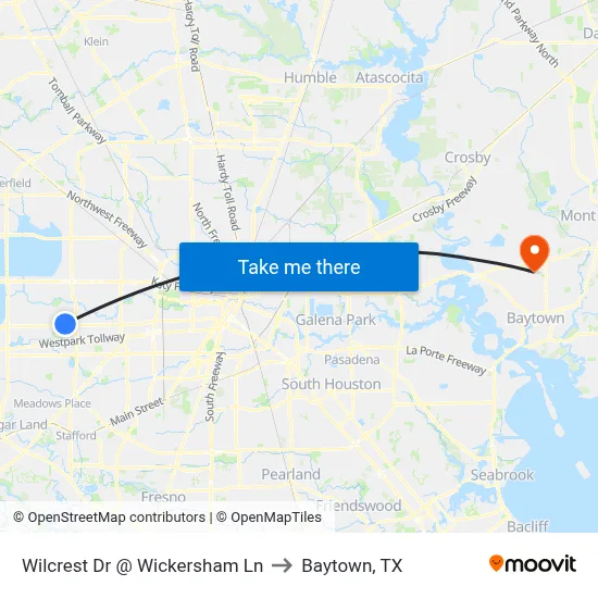 Wilcrest Dr @ Wickersham Ln to Baytown, TX map