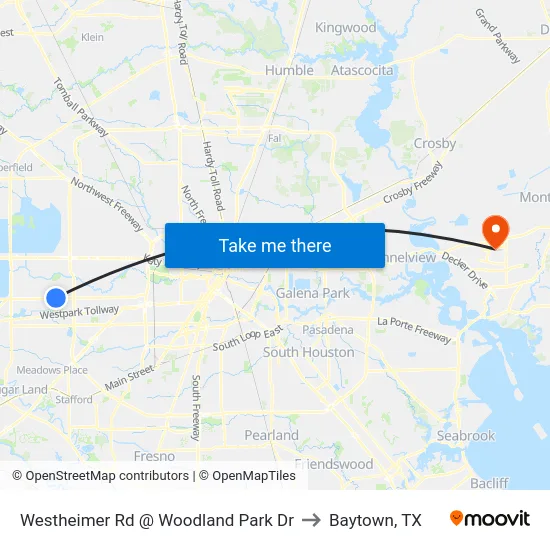 Westheimer Rd @ Woodland Park Dr to Baytown, TX map