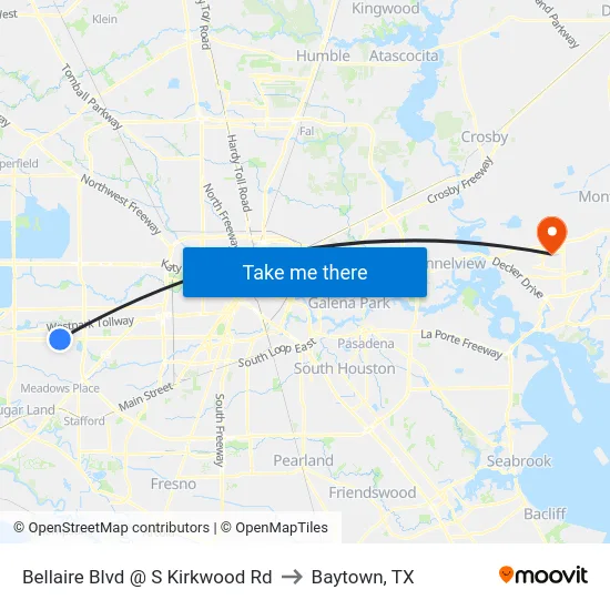 Bellaire Blvd @ S Kirkwood Rd to Baytown, TX map