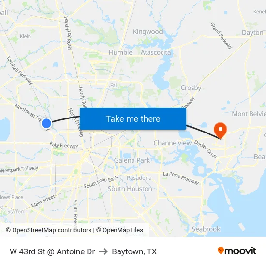 W 43rd St @ Antoine Dr to Baytown, TX map