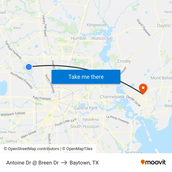 Antoine Dr @ Breen Dr to Baytown, TX map