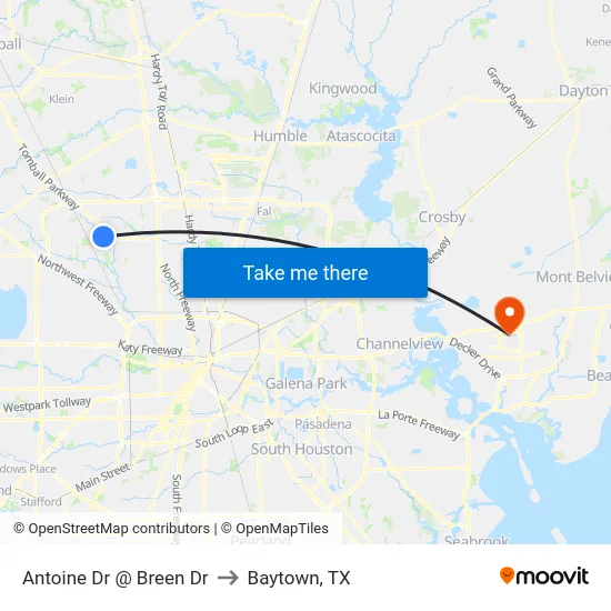 Antoine Dr @ Breen Dr to Baytown, TX map