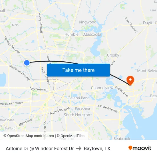Antoine Dr @ Windsor Forest Dr to Baytown, TX map
