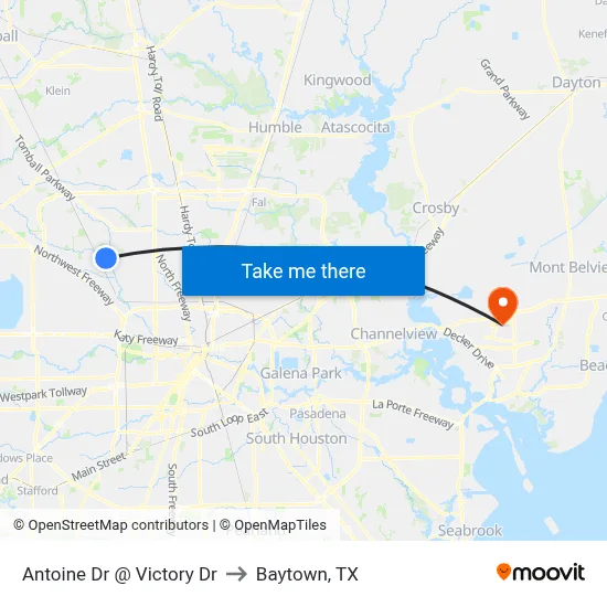 Antoine Dr @ Victory Dr to Baytown, TX map