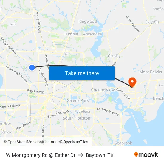 W Montgomery Rd @ Esther Dr to Baytown, TX map