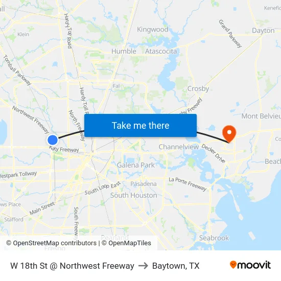 W 18th St @ Northwest Freeway to Baytown, TX map