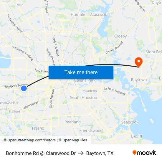 Bonhomme Rd @ Clarewood Dr to Baytown, TX map